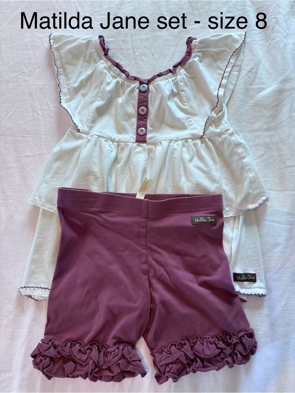Matilda Jane White Top with Mauve Trim & Mauve Ruffle Shorts